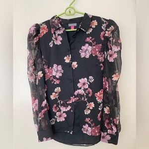 NWT Black Vince Camuto sheer sleeve floral blouse
